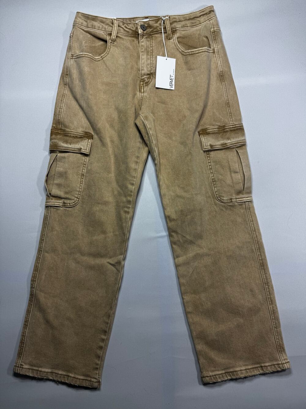 NWT Vervet Women's Dixie Straight Leg Tan Utility Cargo Denim Jeans - Size 30x27